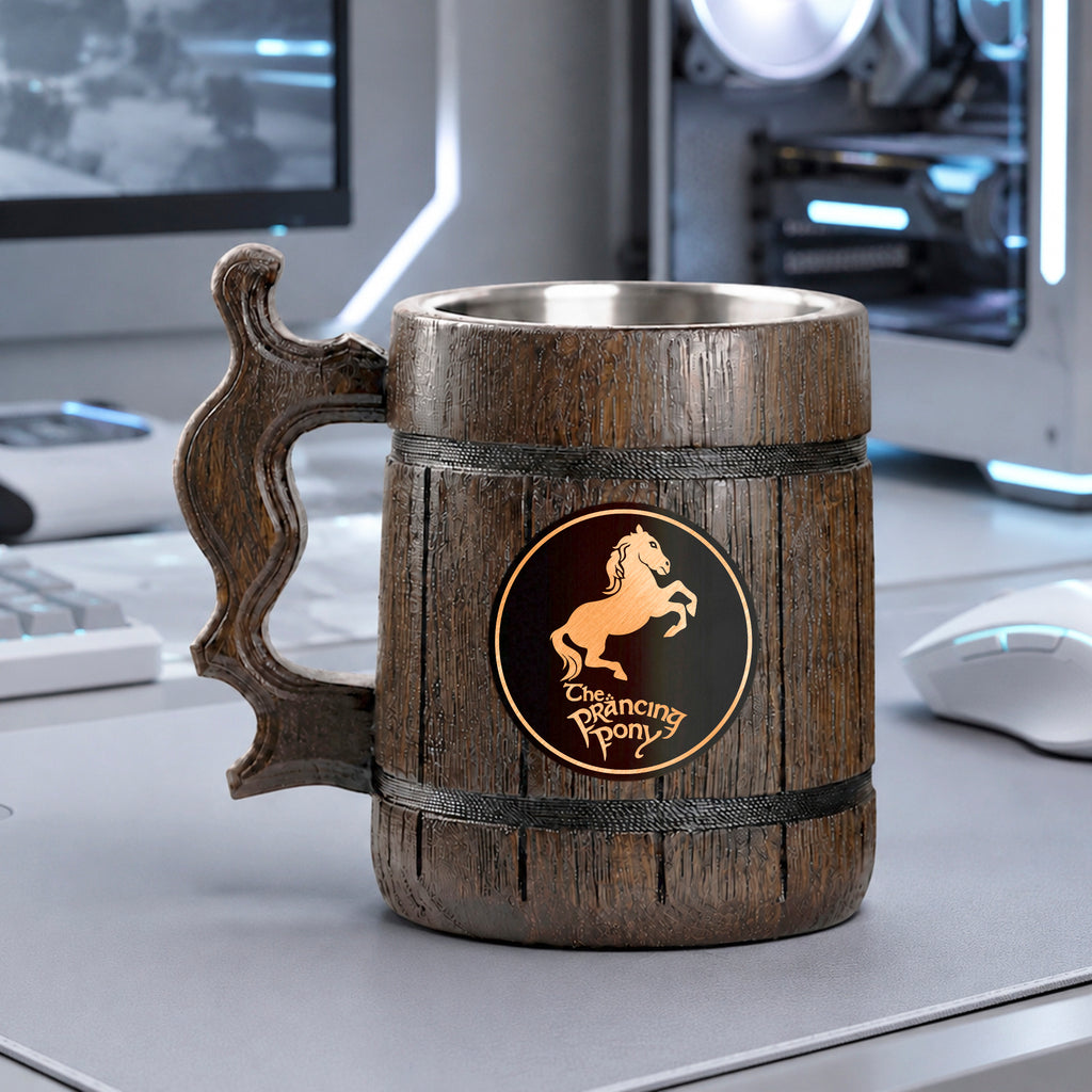 Prancing Pony Wooden Beer Mug, Engraved Tankard, Fantasy Tavern Stein, Custom Beer Gift for Gamer