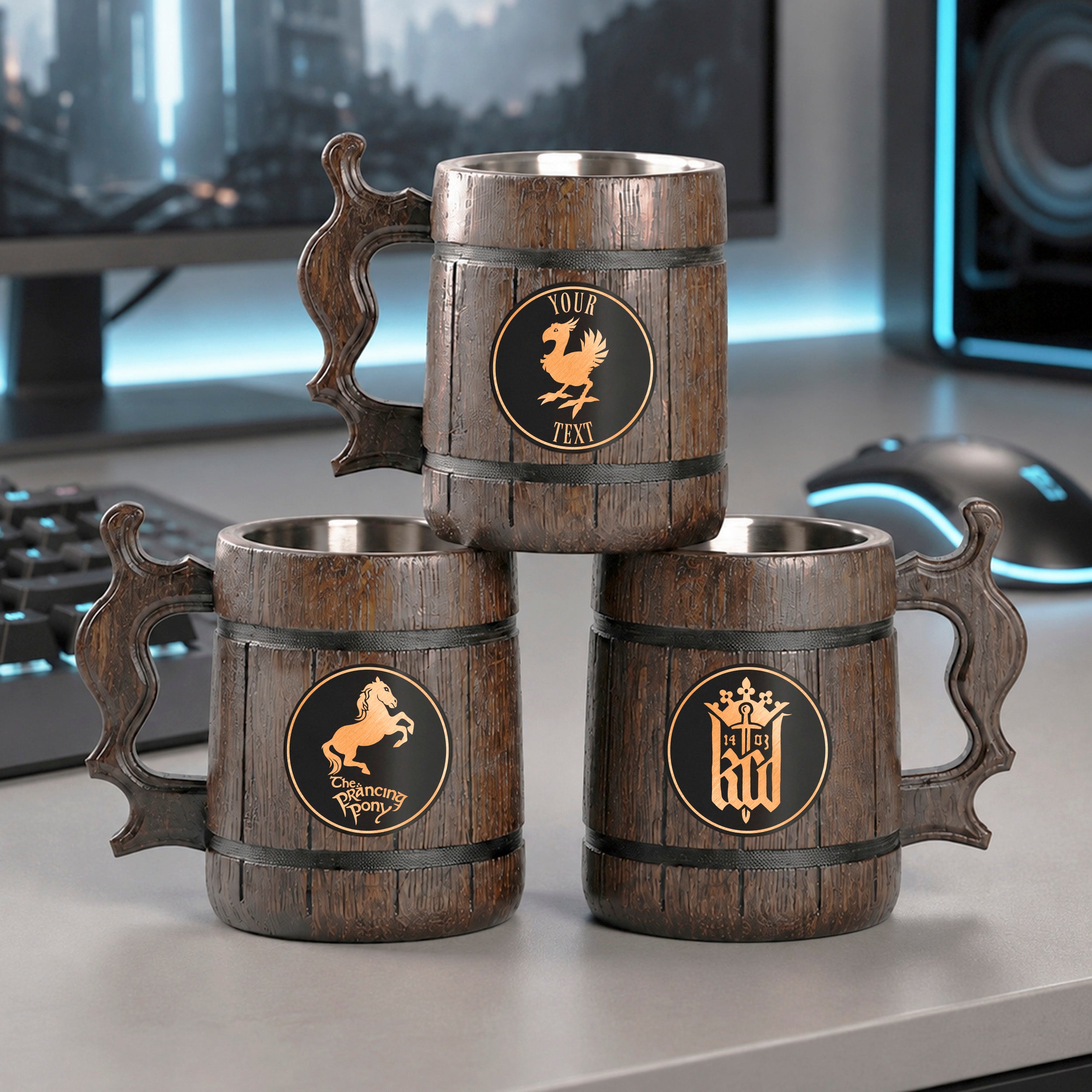 Prancing Pony Wooden Beer Mug, Engraved Tankard, Fantasy Tavern Stein, Custom Beer Gift for Gamer