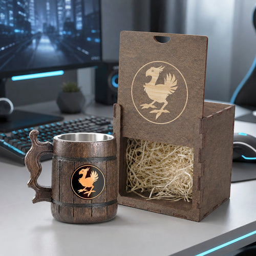 Chocobo Wooden Beer Mug, Engraved Final Fantasy Tankard, Custom Beer Stein for Him, Gamer Gift