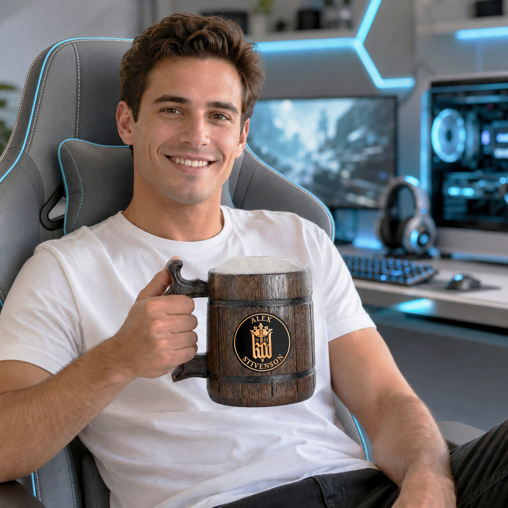 Prancing Pony Wooden Beer Mug, Engraved Tankard, Fantasy Tavern Stein, Custom Beer Gift for Gamer