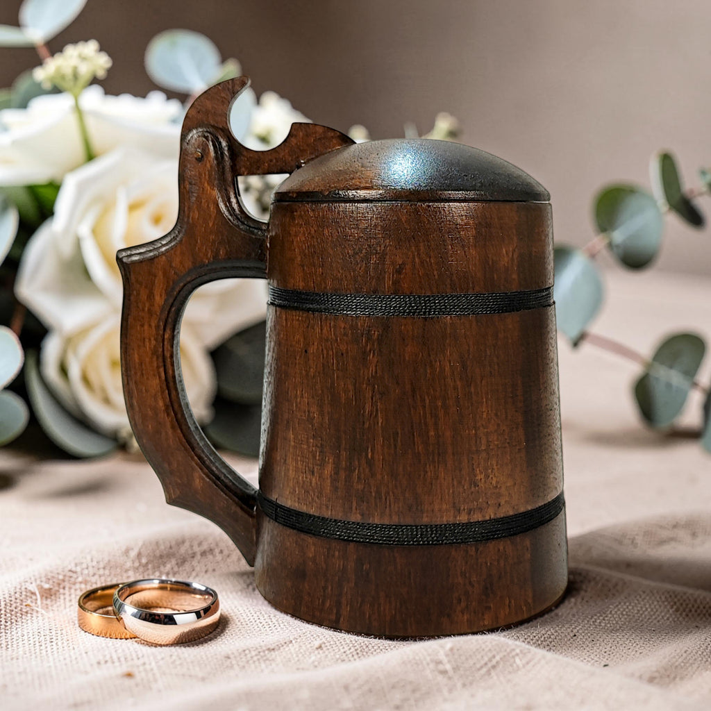 Handmade Oak Beer Mug with Lid, Custom Name Engraving, Best Man & Groom Gift