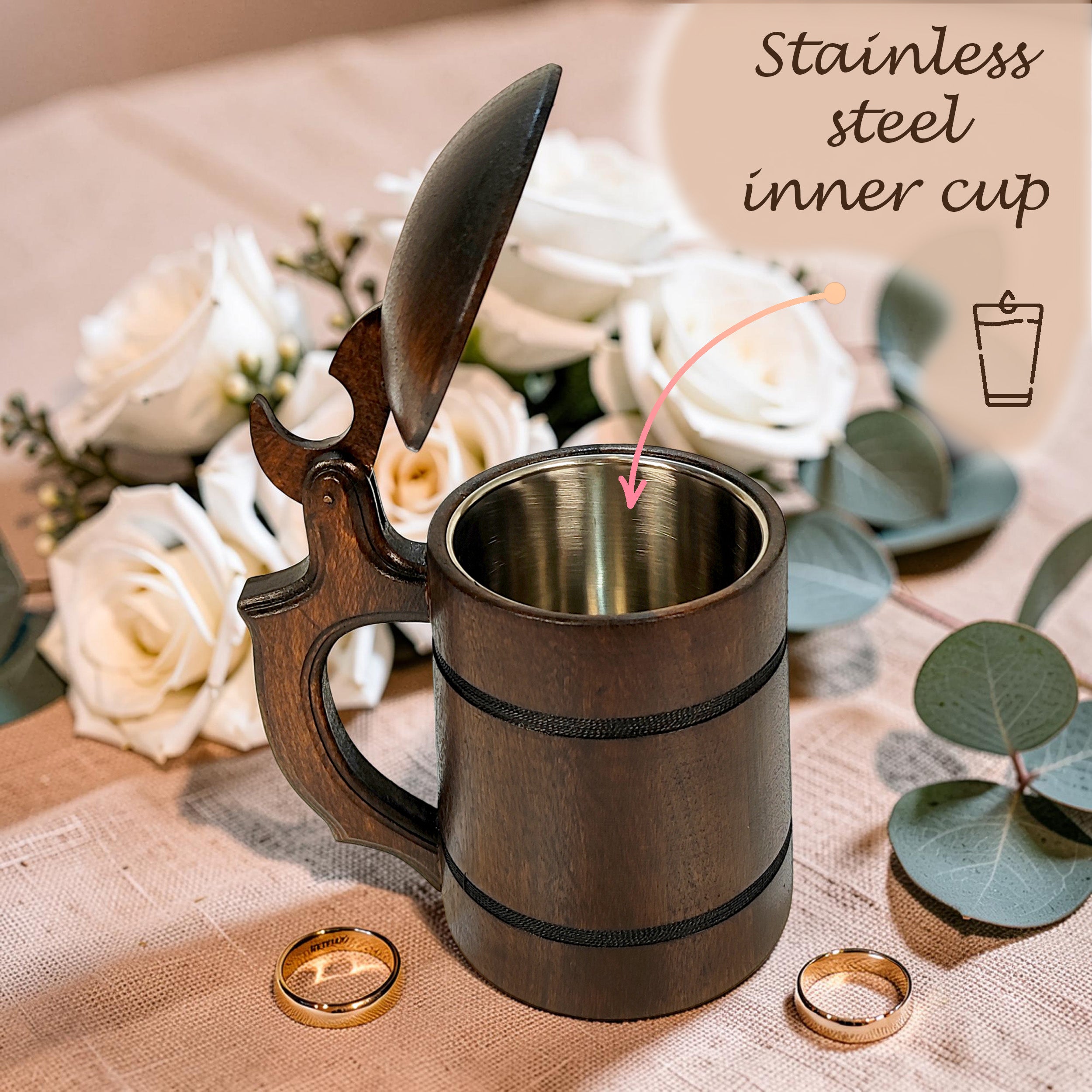 Handmade Oak Beer Mug with Lid, Custom Name Engraving, Best Man & Groom Gift