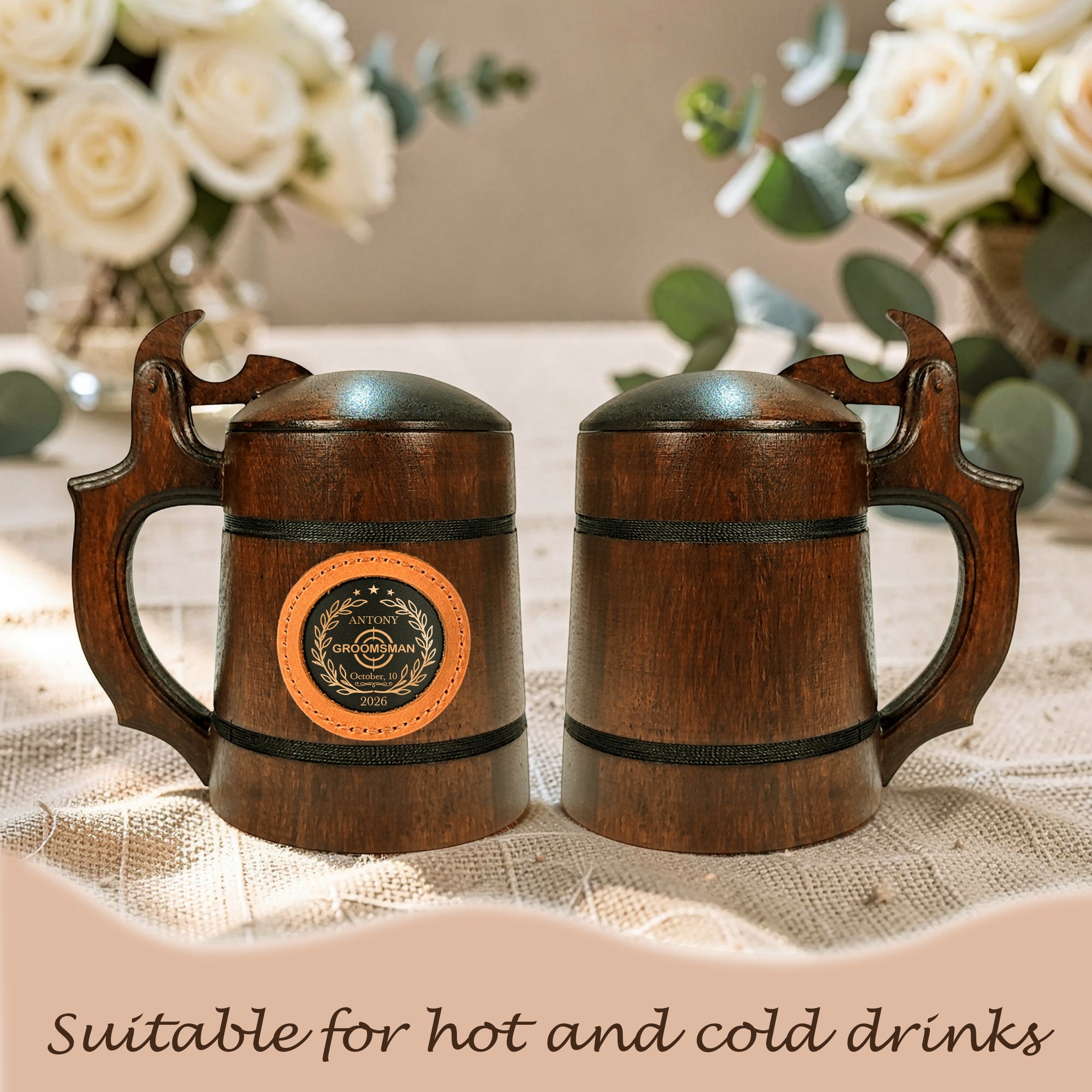 Handmade Oak Beer Mug with Lid, Custom Name Engraving, Best Man & Groom Gift