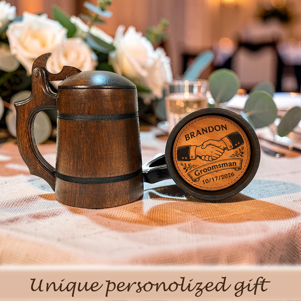 Handmade Oak Beer Mug with Lid, Custom Name Engraving, Best Man & Groom Gift