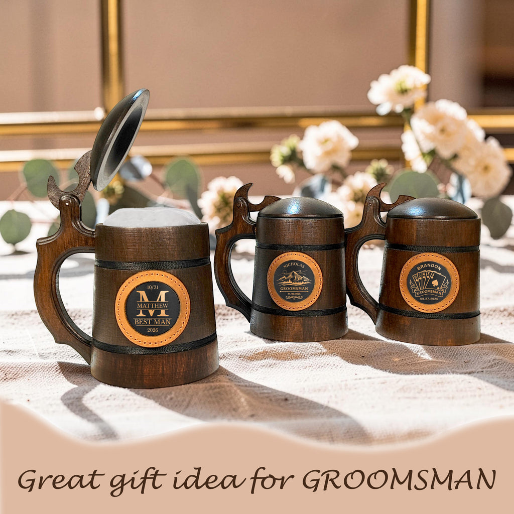 Handmade Oak Beer Mug with Lid, Custom Name Engraving, Best Man & Groom Gift