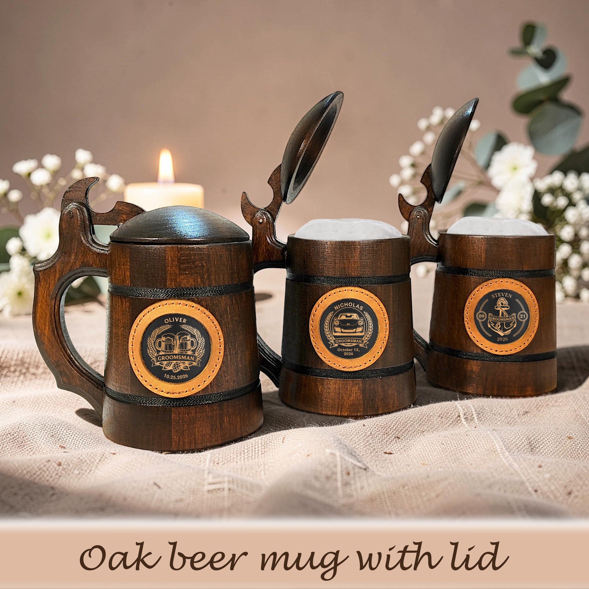 Handmade Oak Beer Mug with Lid, Custom Name Engraving, Best Man & Groom Gift