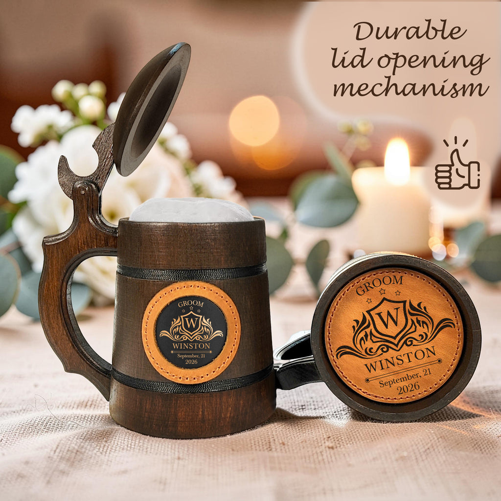 Handmade Oak Beer Mug with Lid, Custom Name Engraving, Best Man & Groom Gift