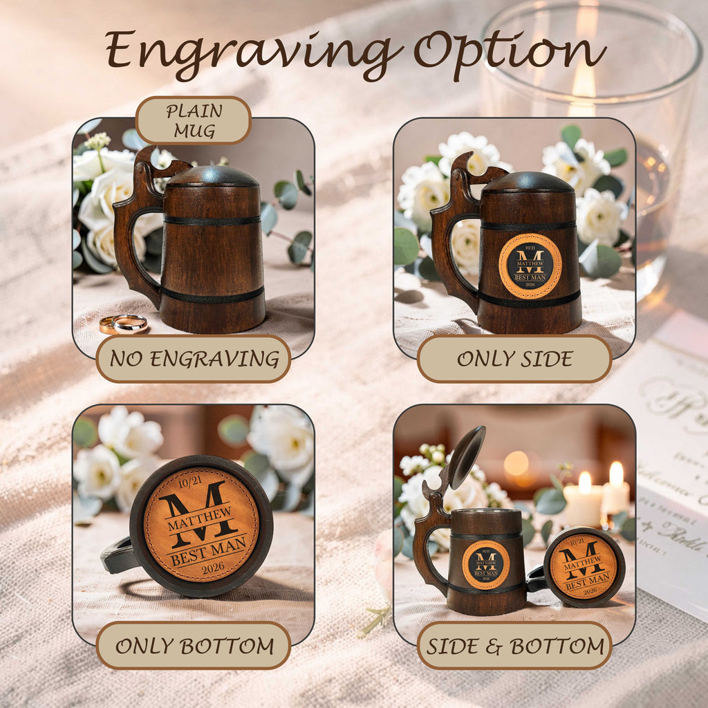 Handmade Oak Beer Mug with Lid, Custom Name Engraving, Best Man & Groom Gift