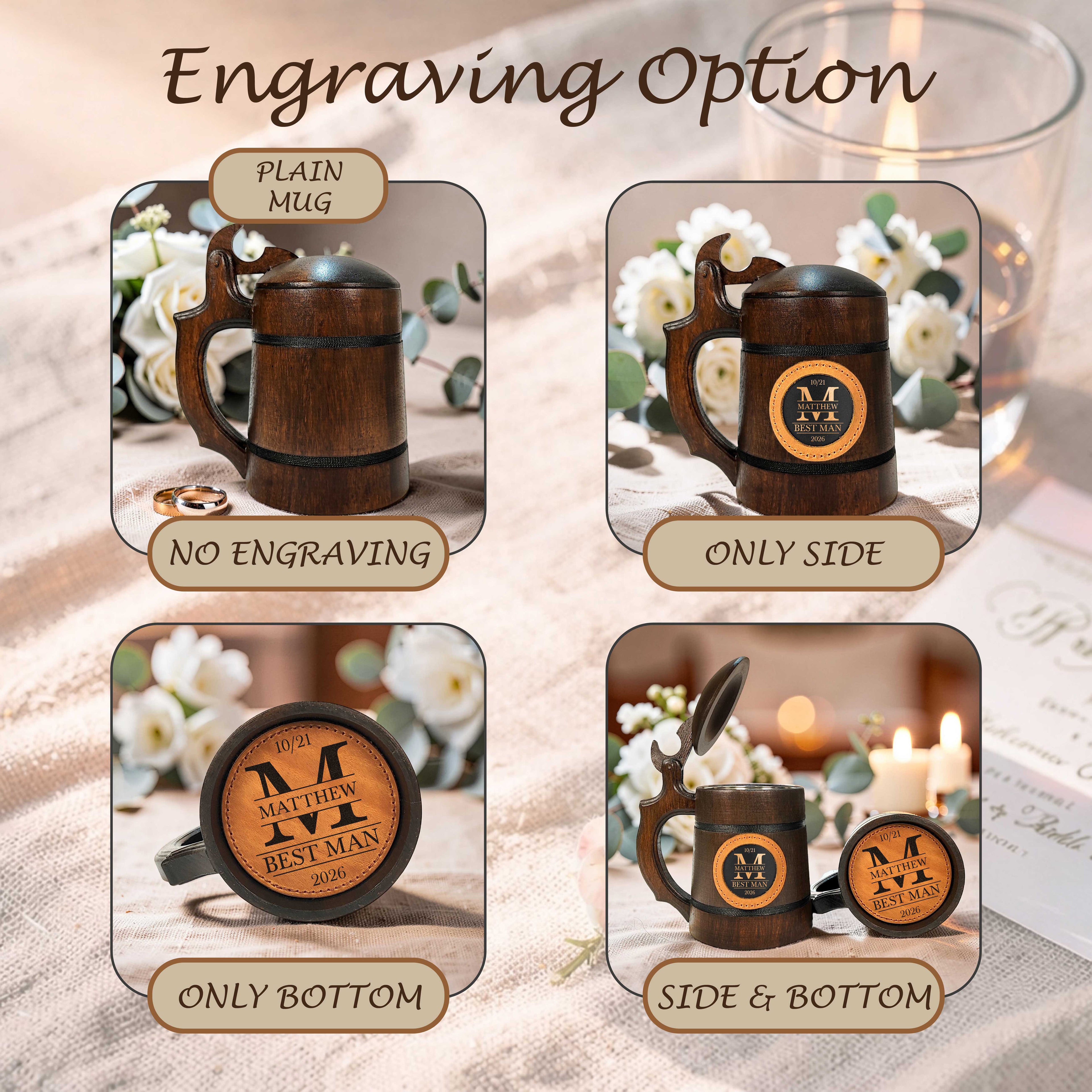 Handmade Oak Beer Mug with Lid, Custom Name Engraving, Best Man & Groom Gift