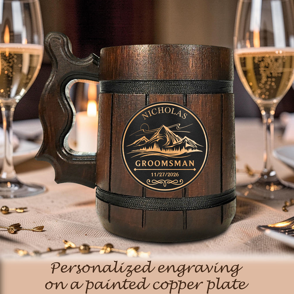 Custom Engraved Wooden Beer Mug, Groomsman Gift, Best Man Present, Bachelor Party