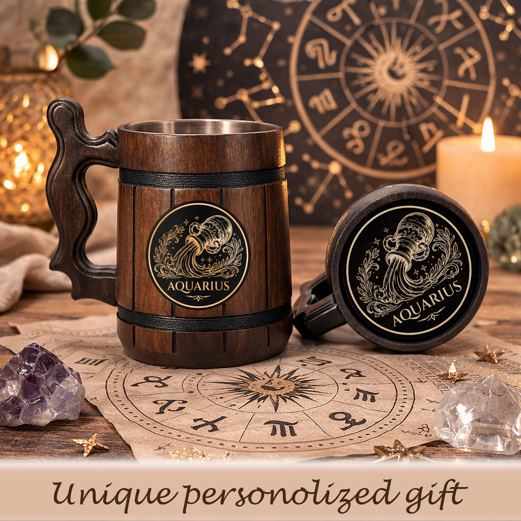 Personalized Zodiac Beer Mug, Handmade Oak Tankard with Steel Insert, 17oz Gift