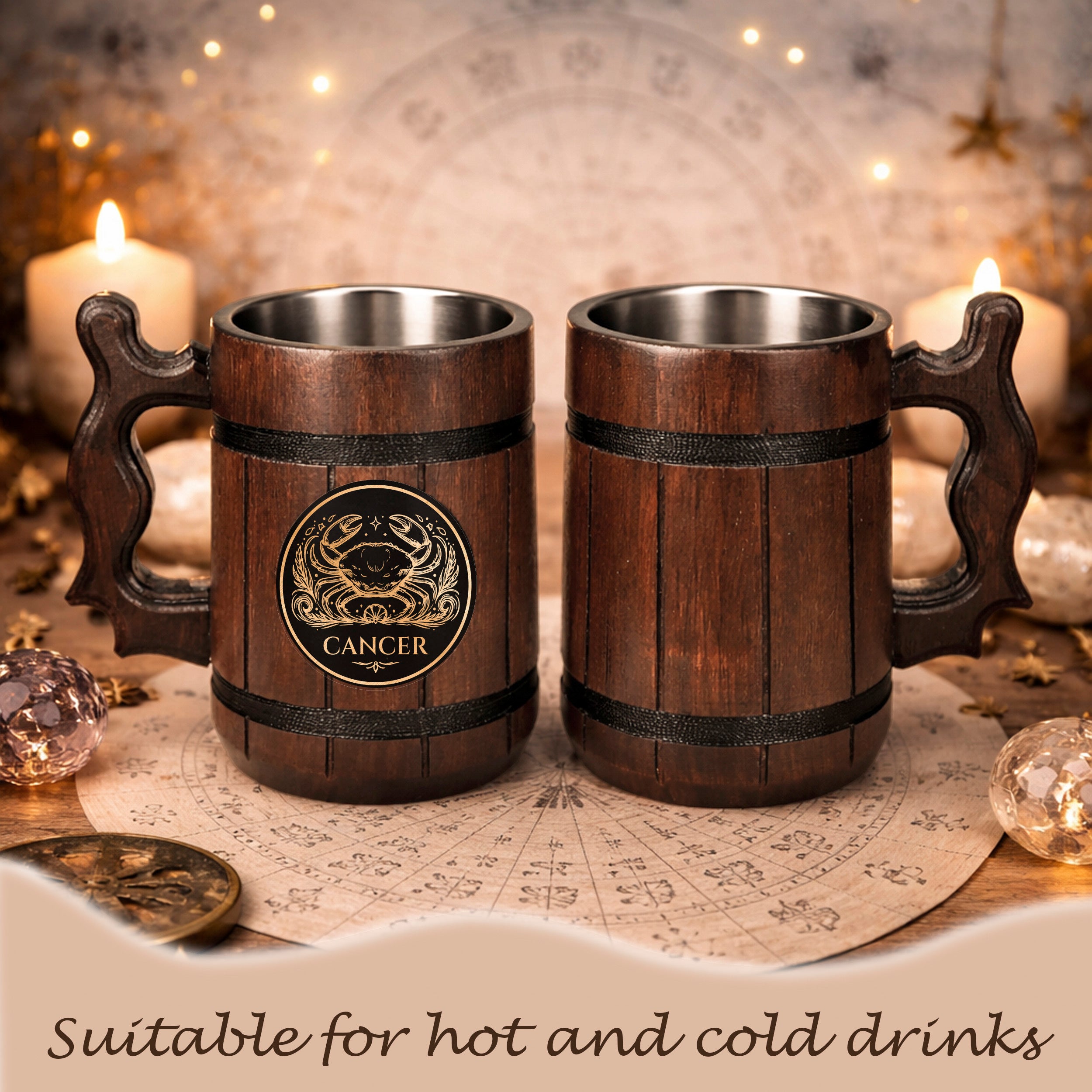 Personalized Zodiac Beer Mug, Handmade Oak Tankard with Steel Insert, 17oz Gift