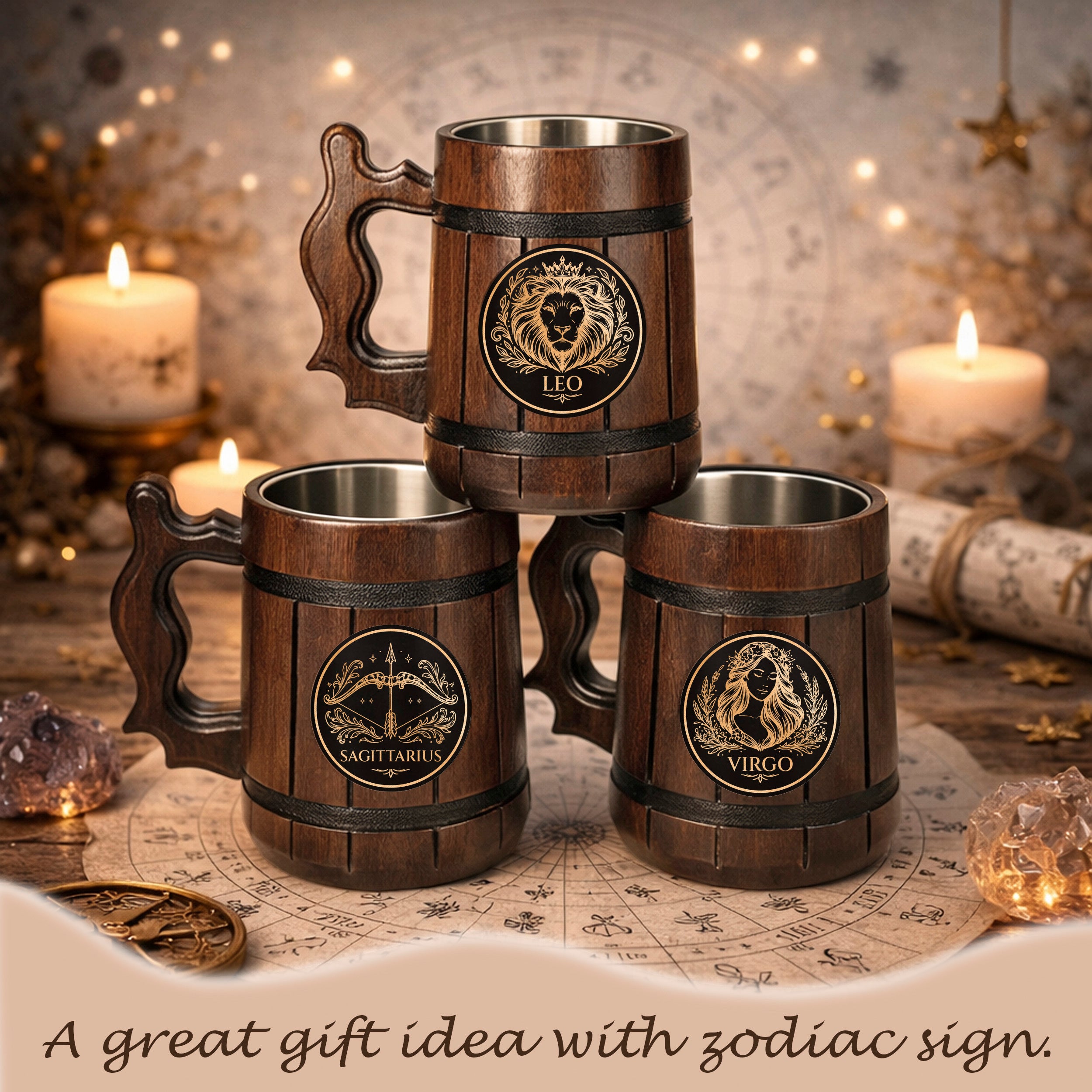 Personalized Zodiac Beer Mug, Handmade Oak Tankard with Steel Insert, 17oz Gift
