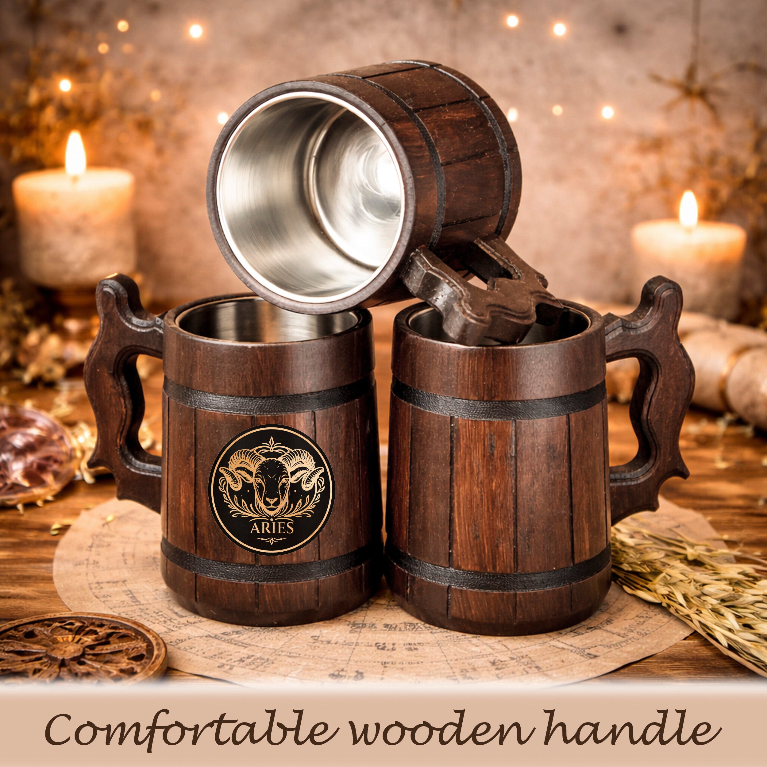 Personalized Zodiac Beer Mug, Handmade Oak Tankard with Steel Insert, 17oz Gift
