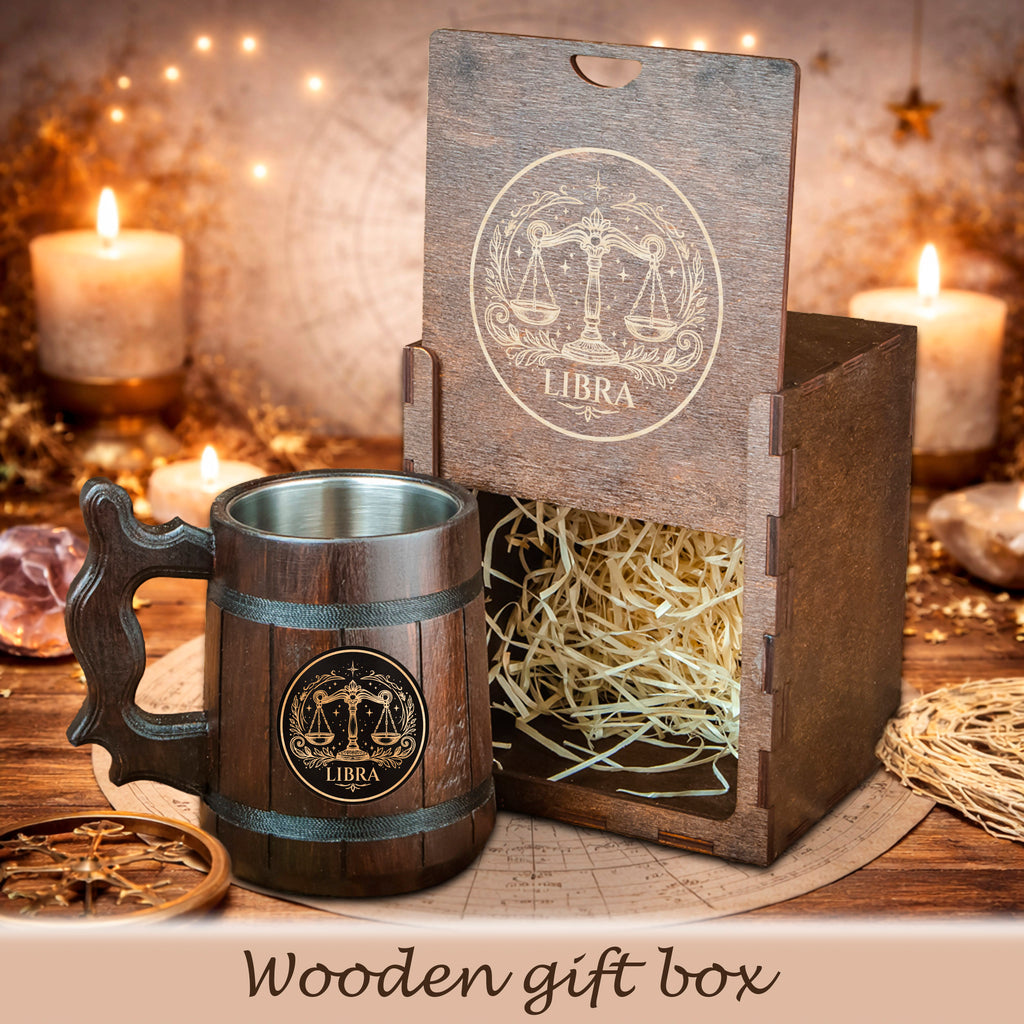 Personalized Zodiac Beer Mug, Handmade Oak Tankard with Steel Insert, 17oz Gift