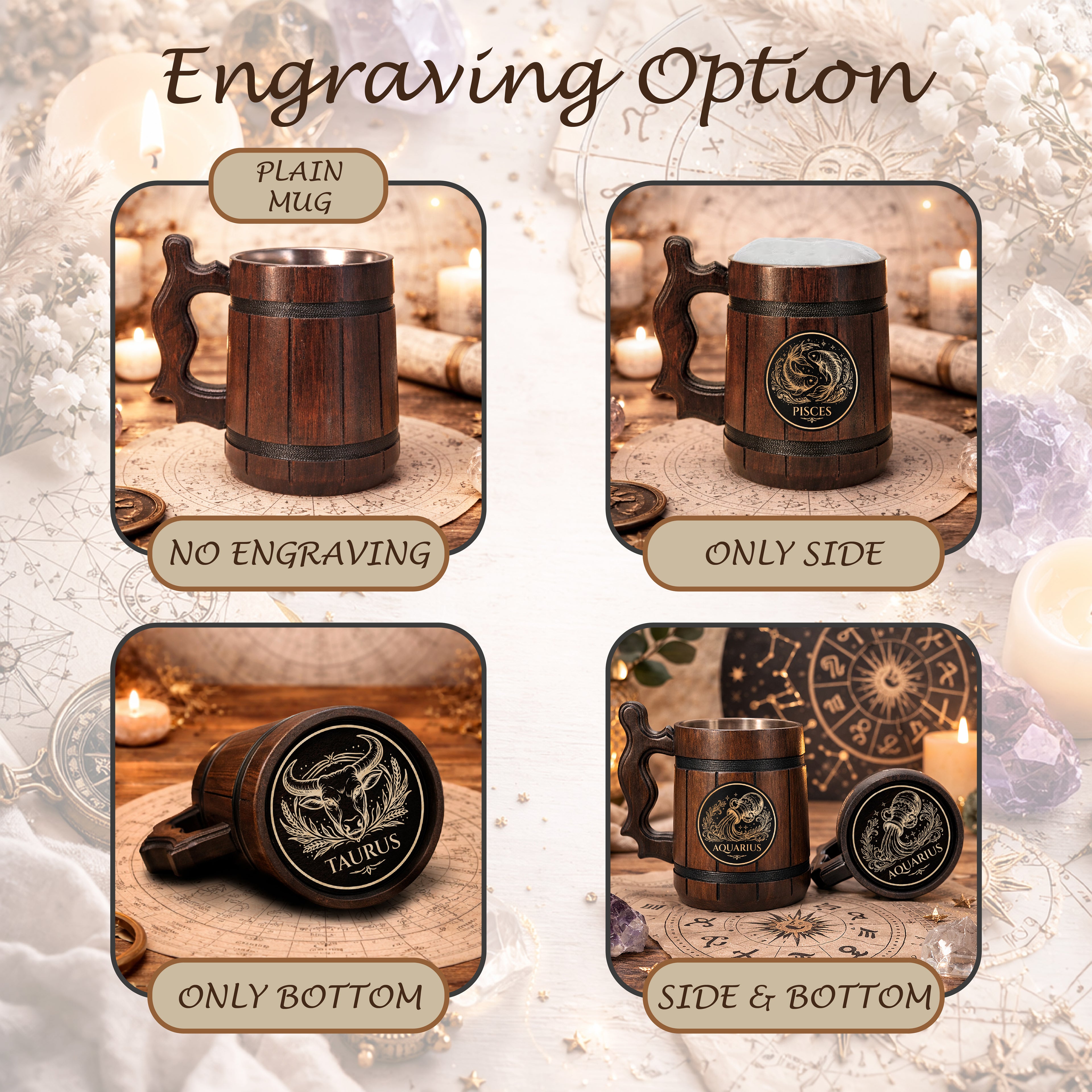 Personalized Zodiac Beer Mug, Handmade Oak Tankard with Steel Insert, 17oz Gift