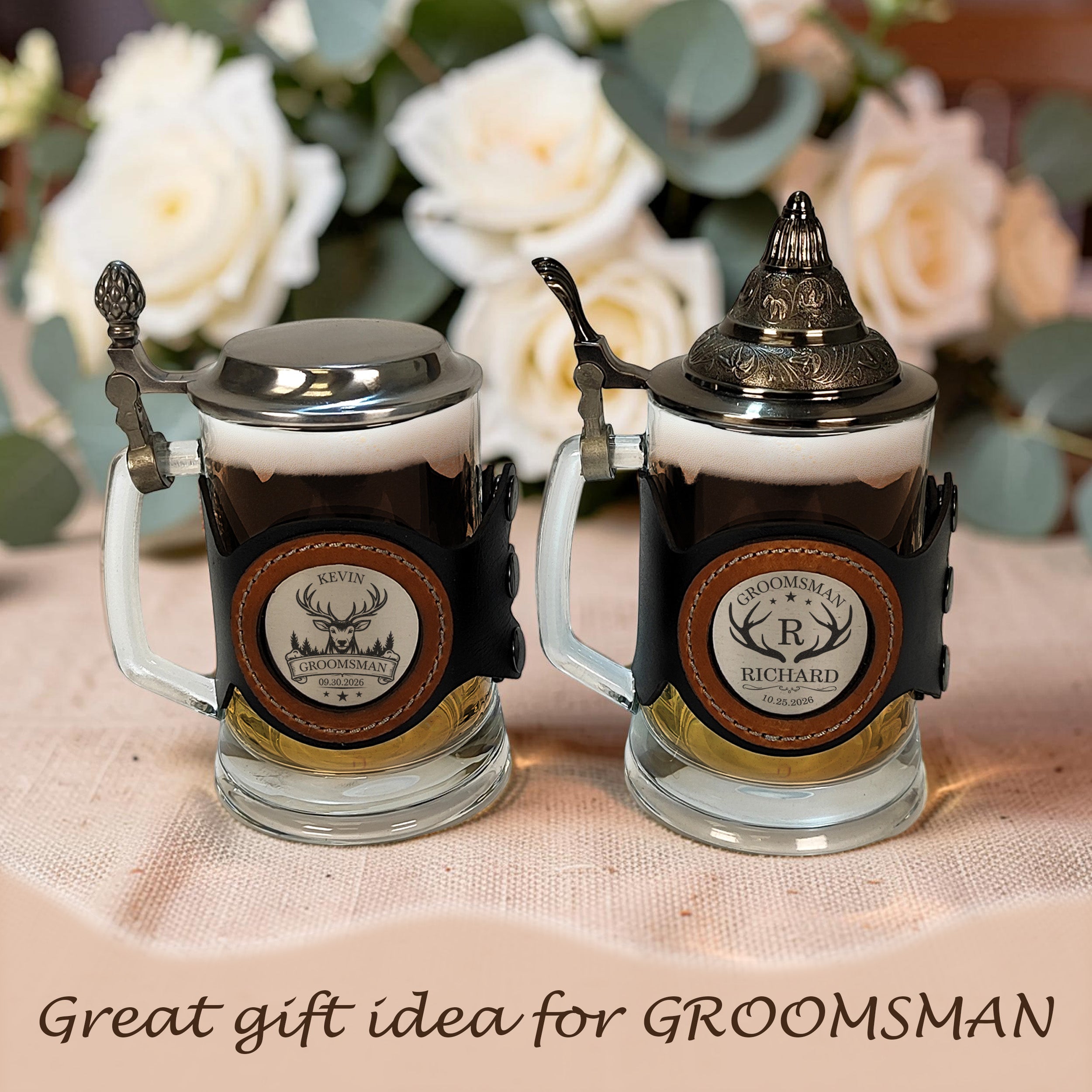 Personalized Beer Stein with Lid 17oz, Engraved Groomsmen Gift, Wedding Mug for Groom