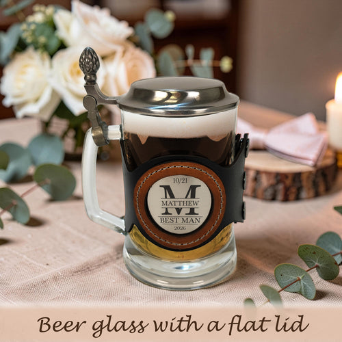 Personalized Beer Stein with Lid 17oz, Engraved Groomsmen Gift, Wedding Mug for Groom