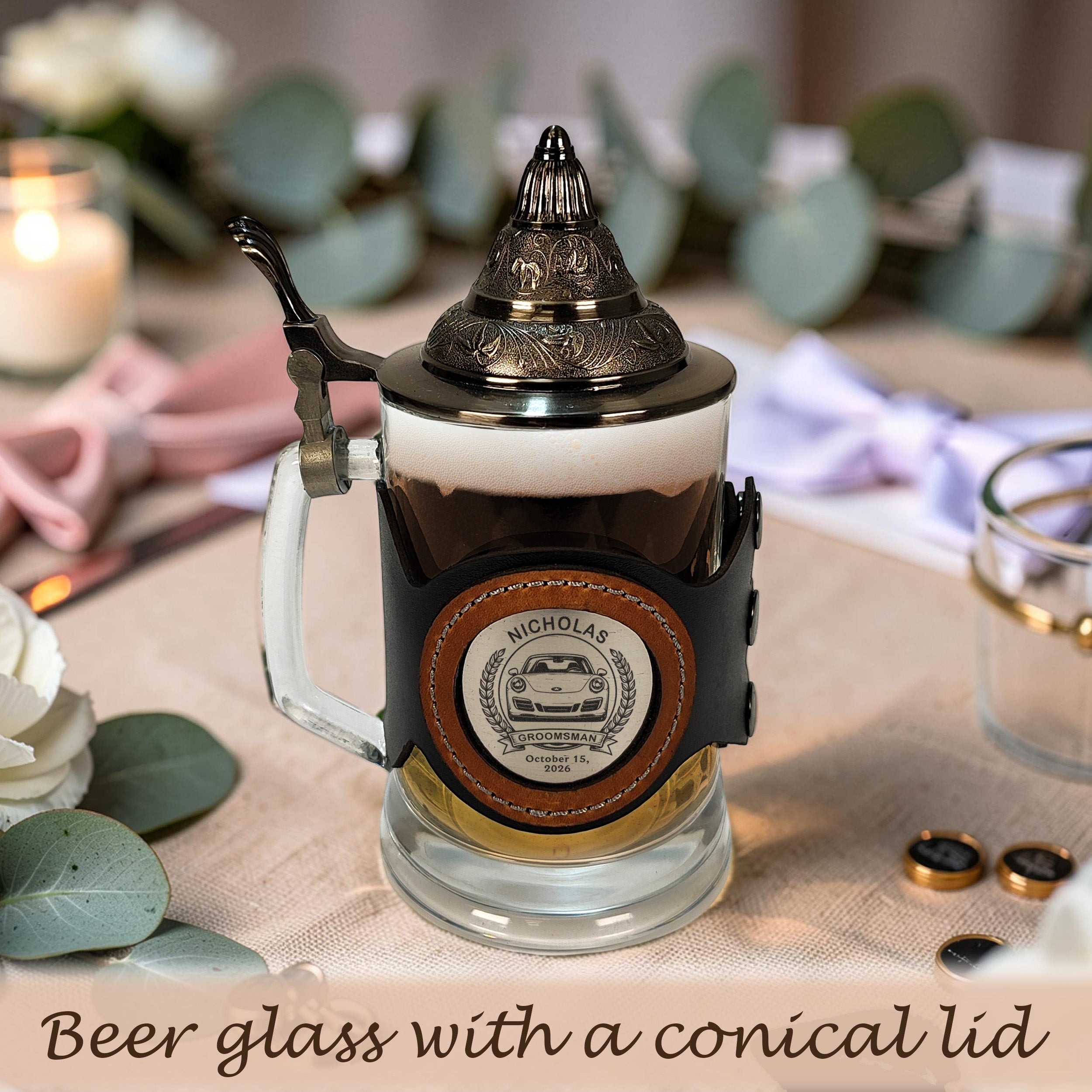 Personalized Beer Stein with Lid 17oz, Engraved Groomsmen Gift, Wedding Mug for Groom