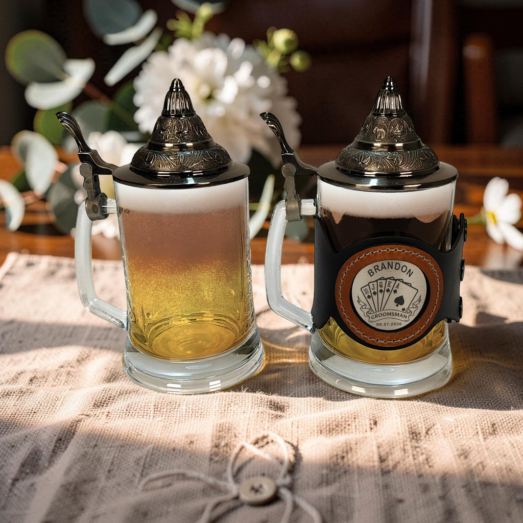 Personalized Beer Stein with Lid 17oz, Engraved Groomsmen Gift, Wedding Mug for Groom