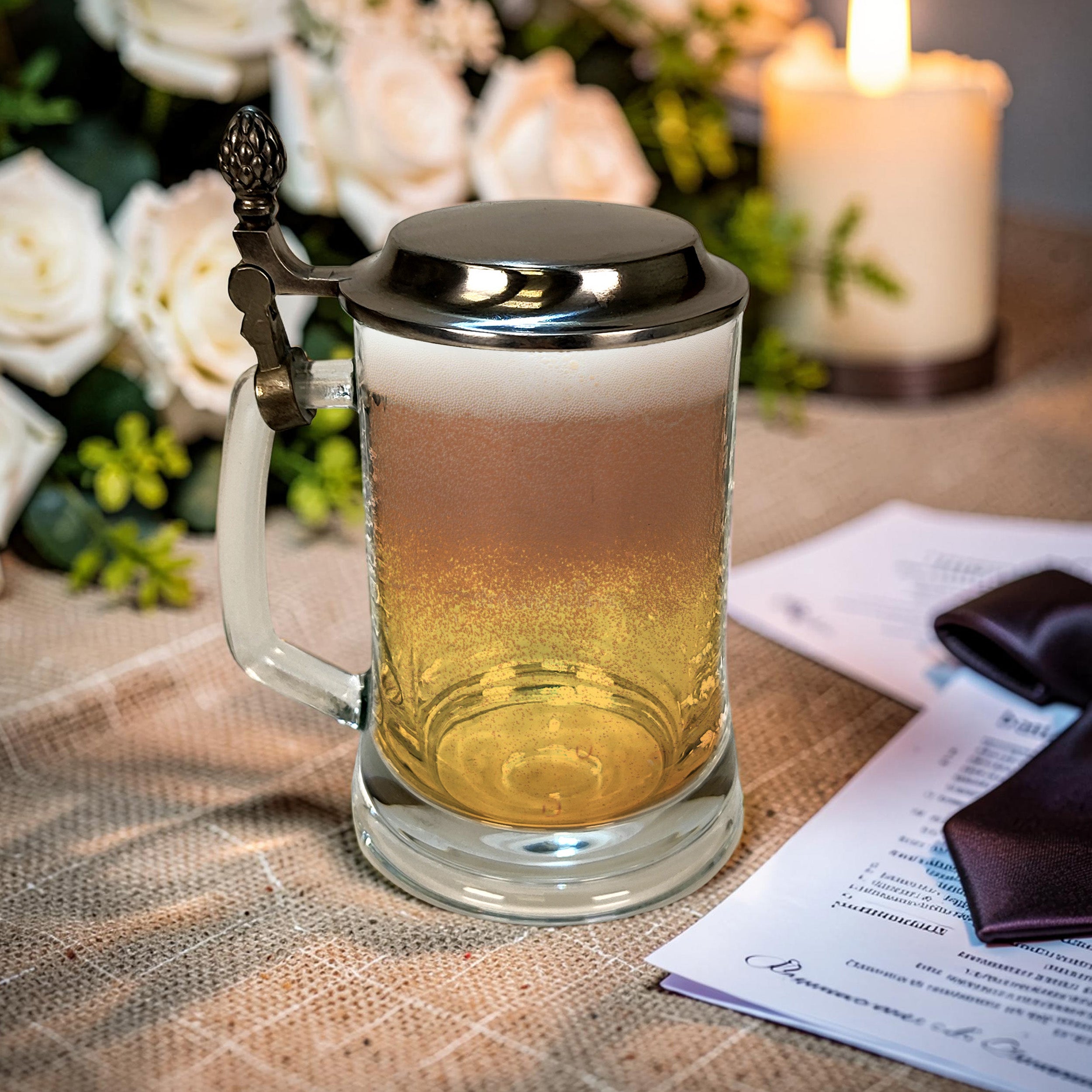 Personalized Beer Stein with Lid 17oz, Engraved Groomsmen Gift, Wedding Mug for Groom