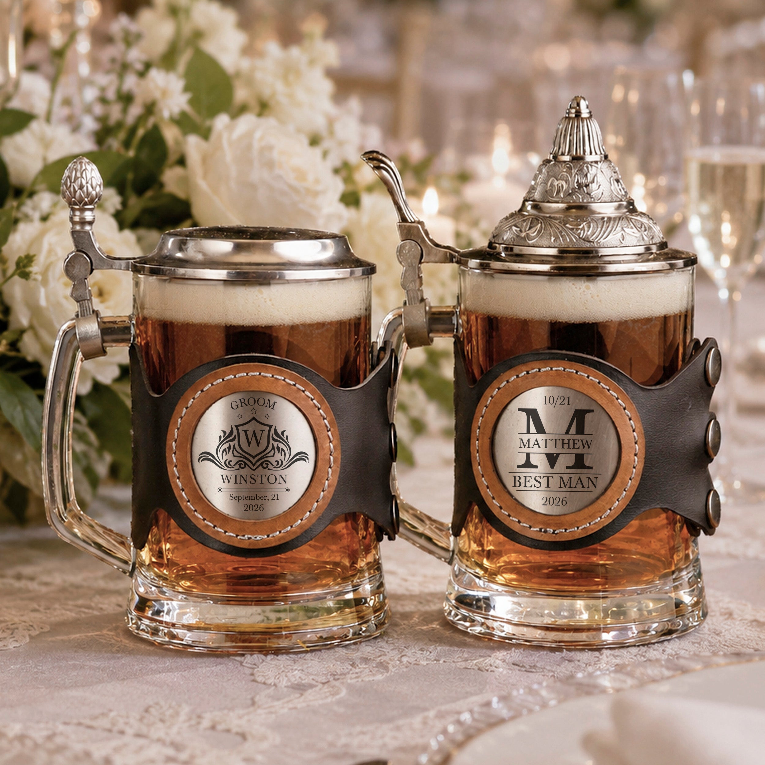 Glass Beer Stein with Lid for Groom and Groomsmen, Personalized Wedding Tankard, Best Man Proposal (17 oz)
