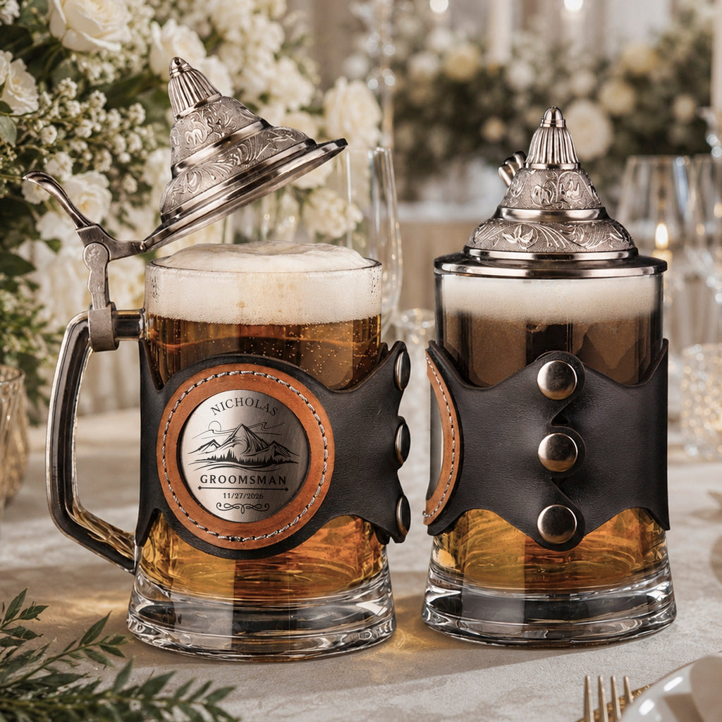 Glass Beer Stein with Lid for Groom and Groomsmen, Personalized Wedding Tankard, Best Man Proposal (17 oz)