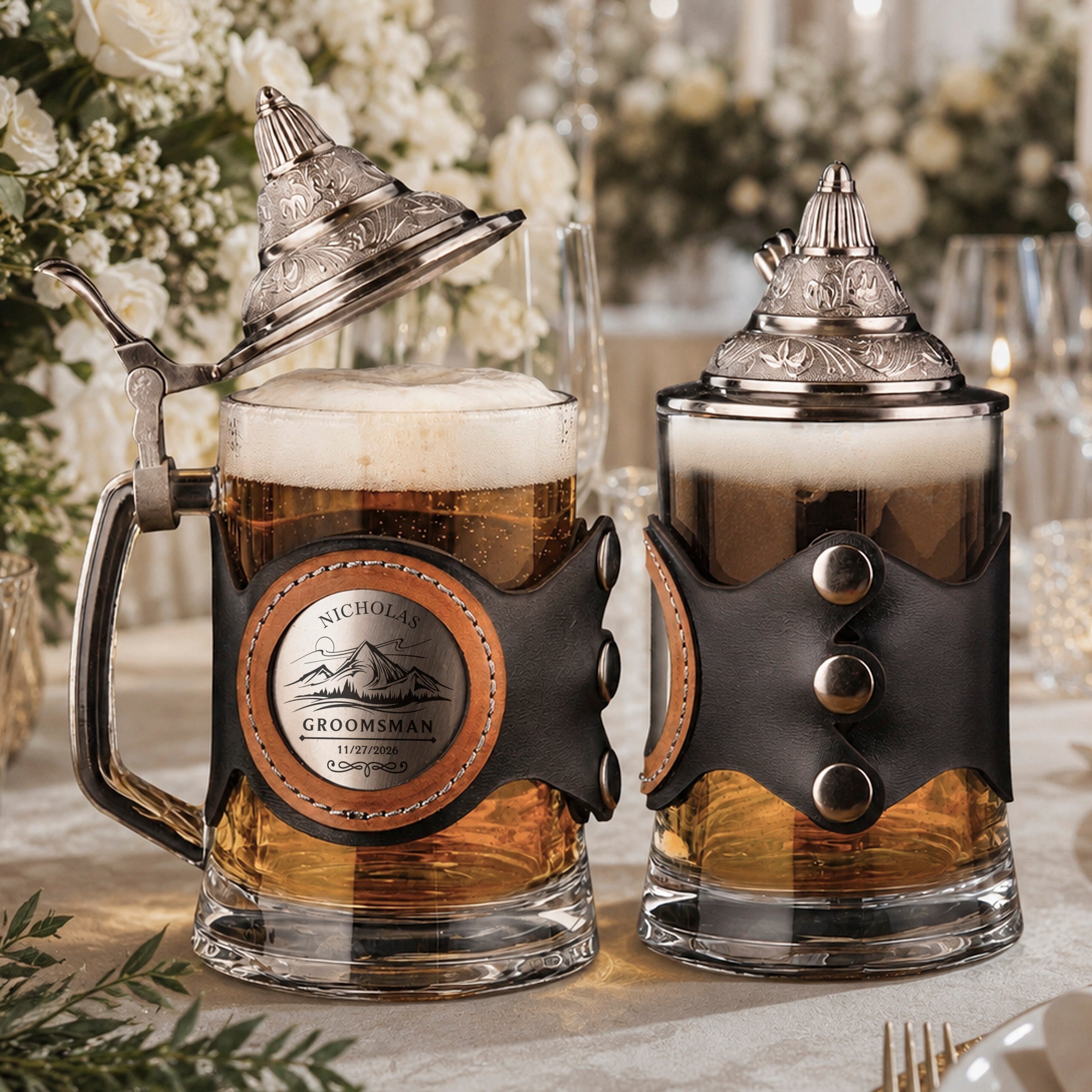 Glass Beer Stein with Lid for Groom and Groomsmen, Personalized Wedding Tankard, Best Man Proposal (17 oz)