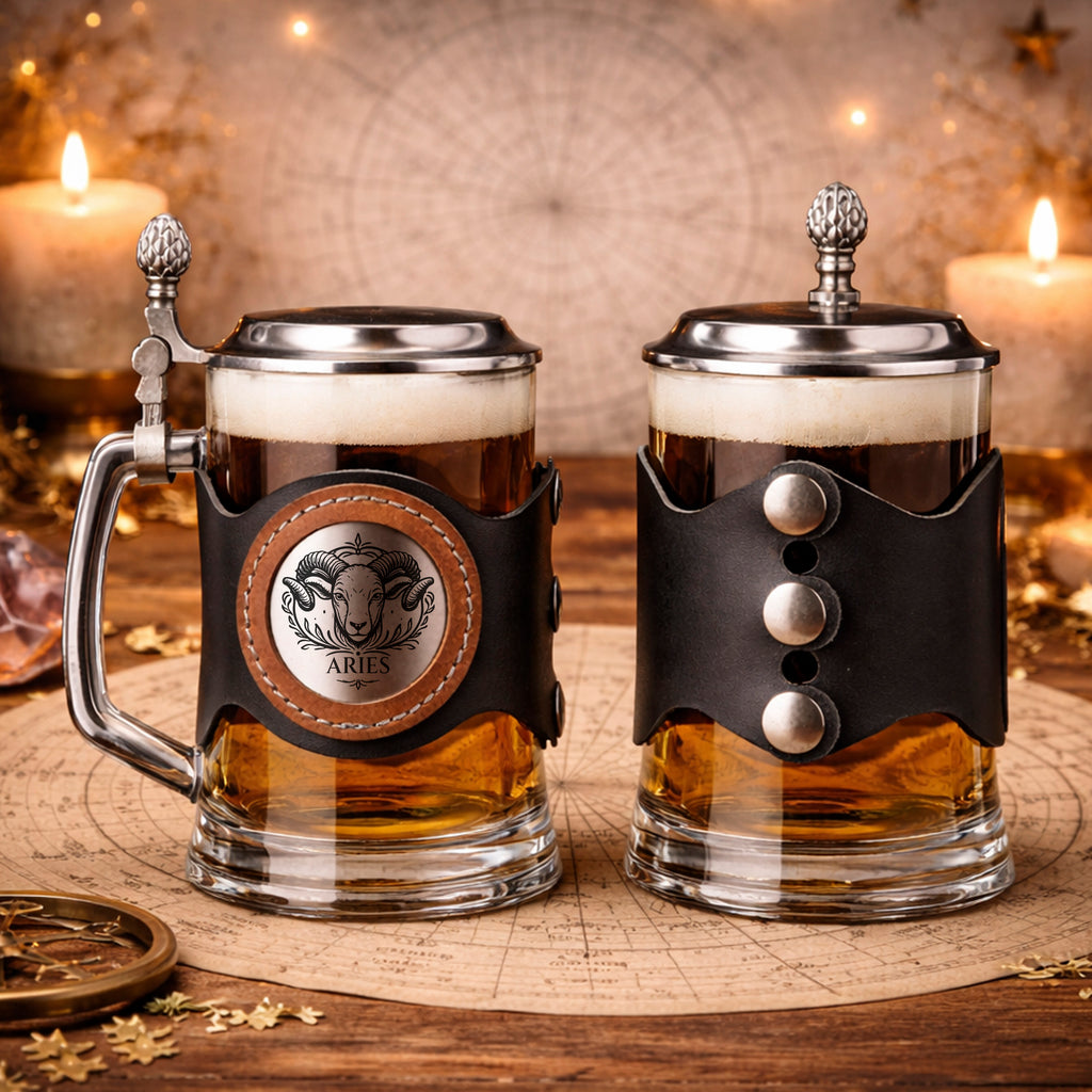 Personalized Zodiac Beer Stein with Metal Lid & Leather Strap, 500ml Gift for Him