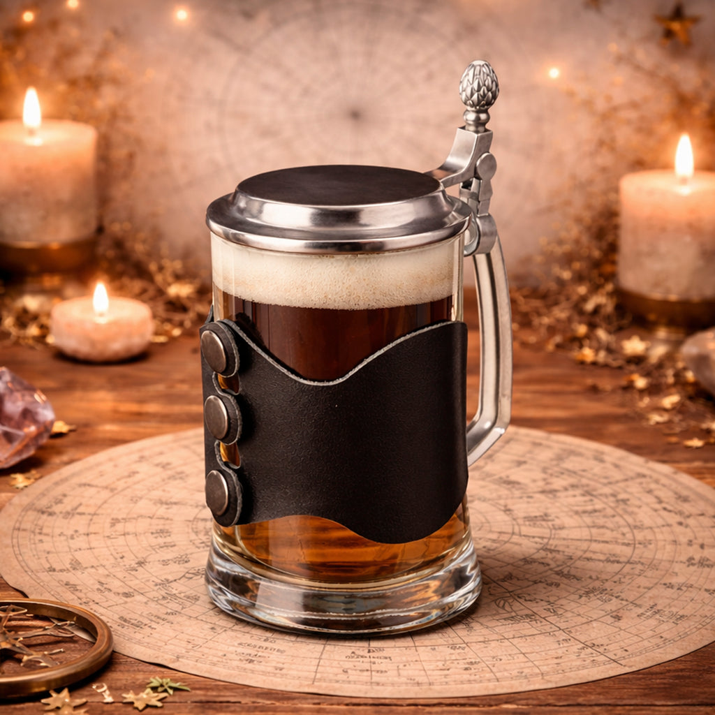Personalized Zodiac Beer Stein with Metal Lid & Leather Strap, 500ml Gift for Him