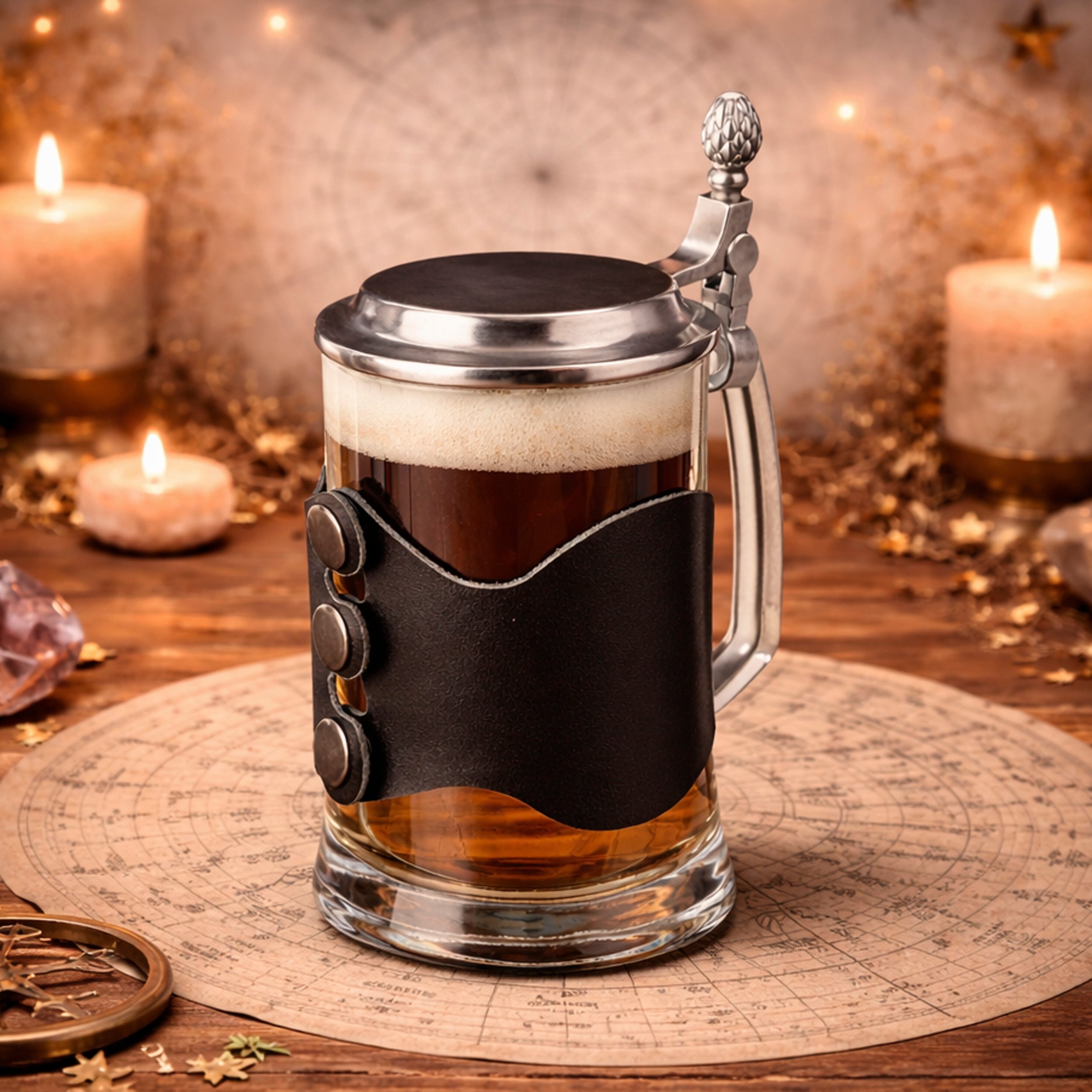 Personalized Zodiac Beer Stein with Metal Lid & Leather Strap, 500ml Gift for Him