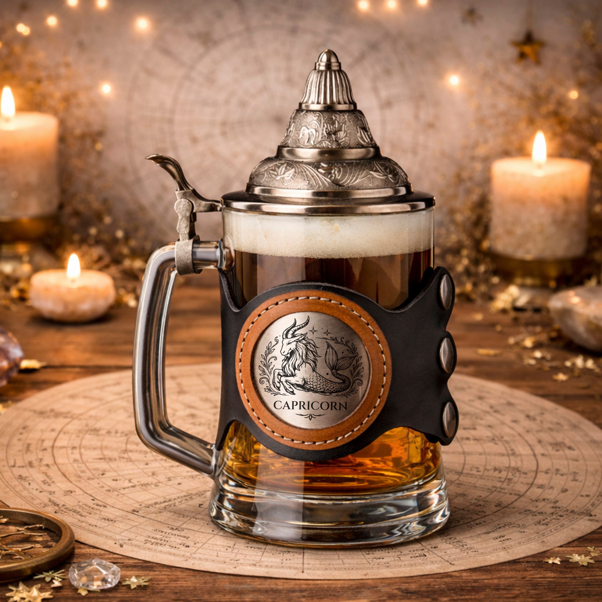 Personalized Zodiac Beer Stein with Metal Lid & Leather Strap, 500ml Gift for Him