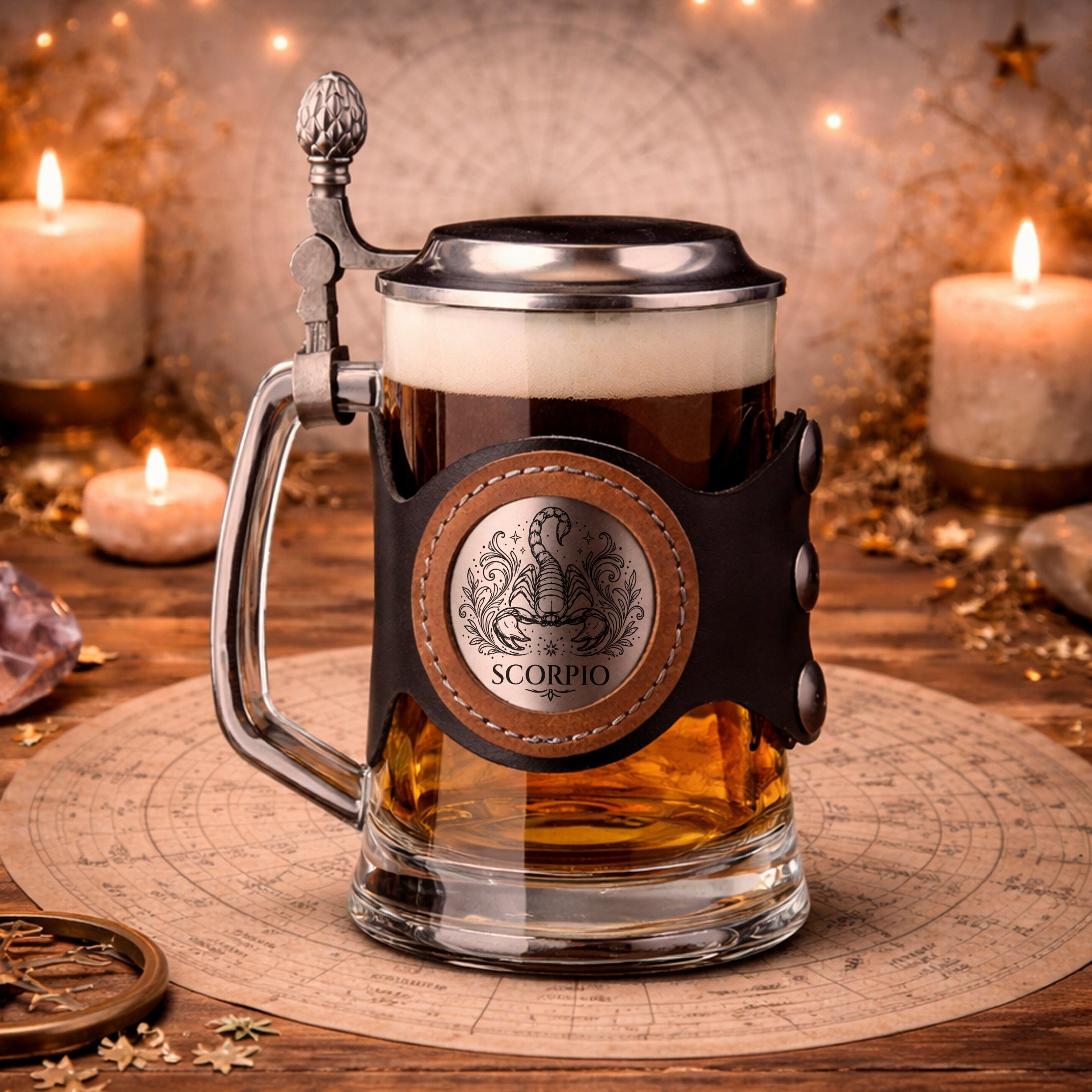 Personalized Zodiac Beer Stein with Metal Lid & Leather Strap, 500ml Gift for Him