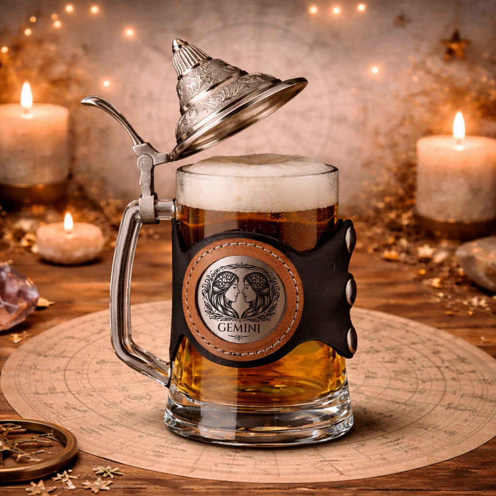 Personalized Zodiac Beer Stein with Metal Lid & Leather Strap, 500ml Gift for Him