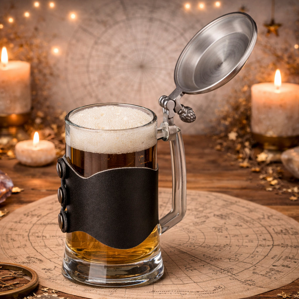 Personalized Zodiac Beer Stein with Metal Lid & Leather Strap, 500ml Gift for Him