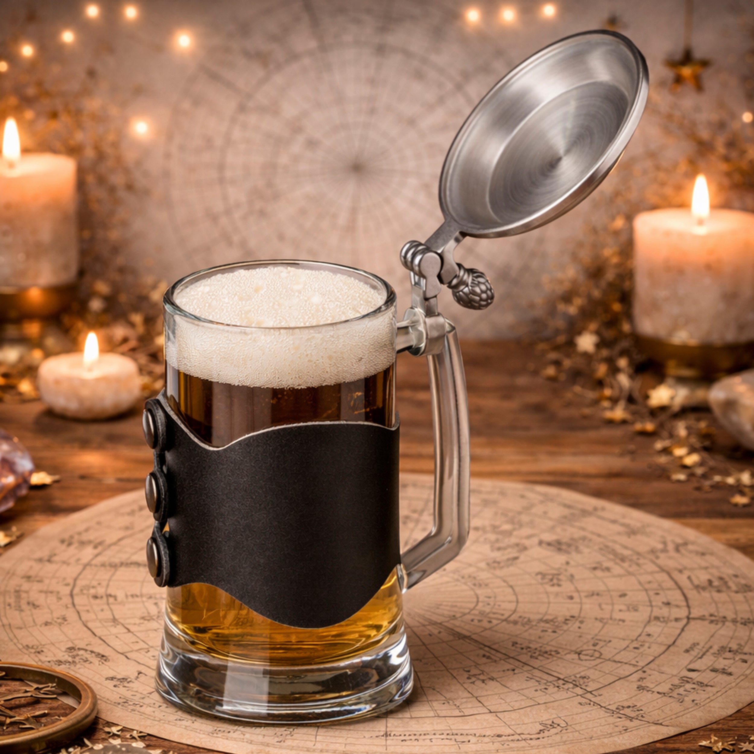 Personalized Zodiac Beer Stein with Metal Lid & Leather Strap, 500ml Gift for Him