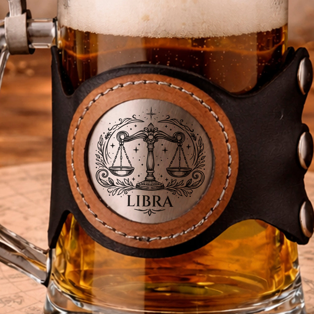Personalized Zodiac Beer Stein with Metal Lid & Leather Strap, 500ml Gift for Him