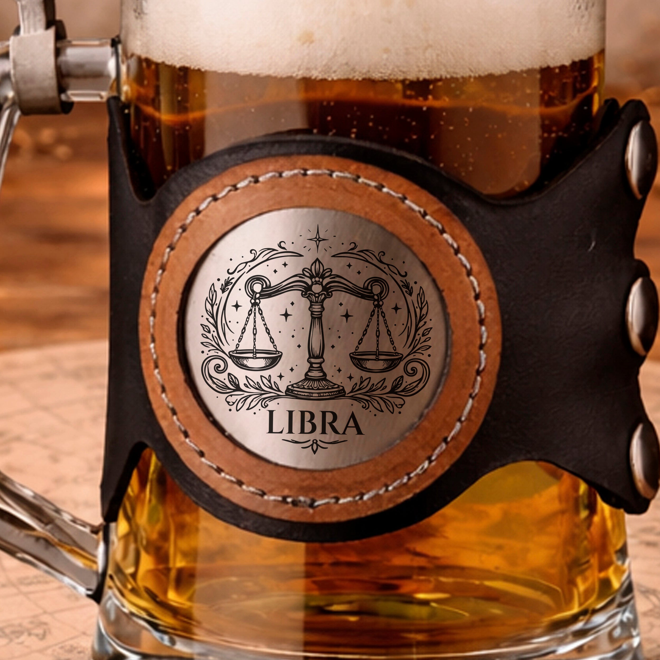Personalized Zodiac Beer Stein with Metal Lid & Leather Strap, 500ml Gift for Him