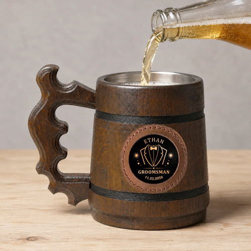 Custom Beer Mug for Groomsmen, Best Man Wooden Tankard, Wedding and Bachelor Party Beer Stein, Gift for Groom