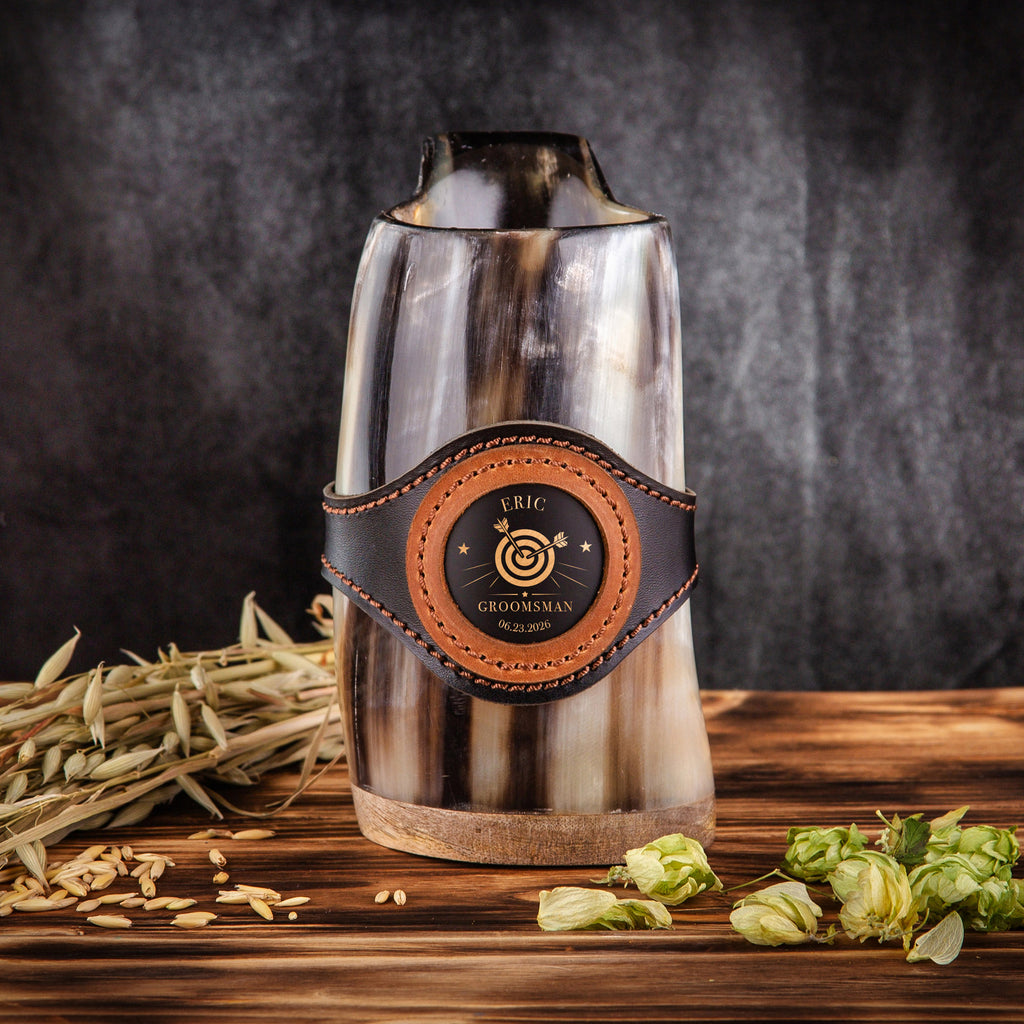Engraved Viking Horn Mug, Beer Stein for Groom & Groomsman, Personalized Wedding Party Tankard