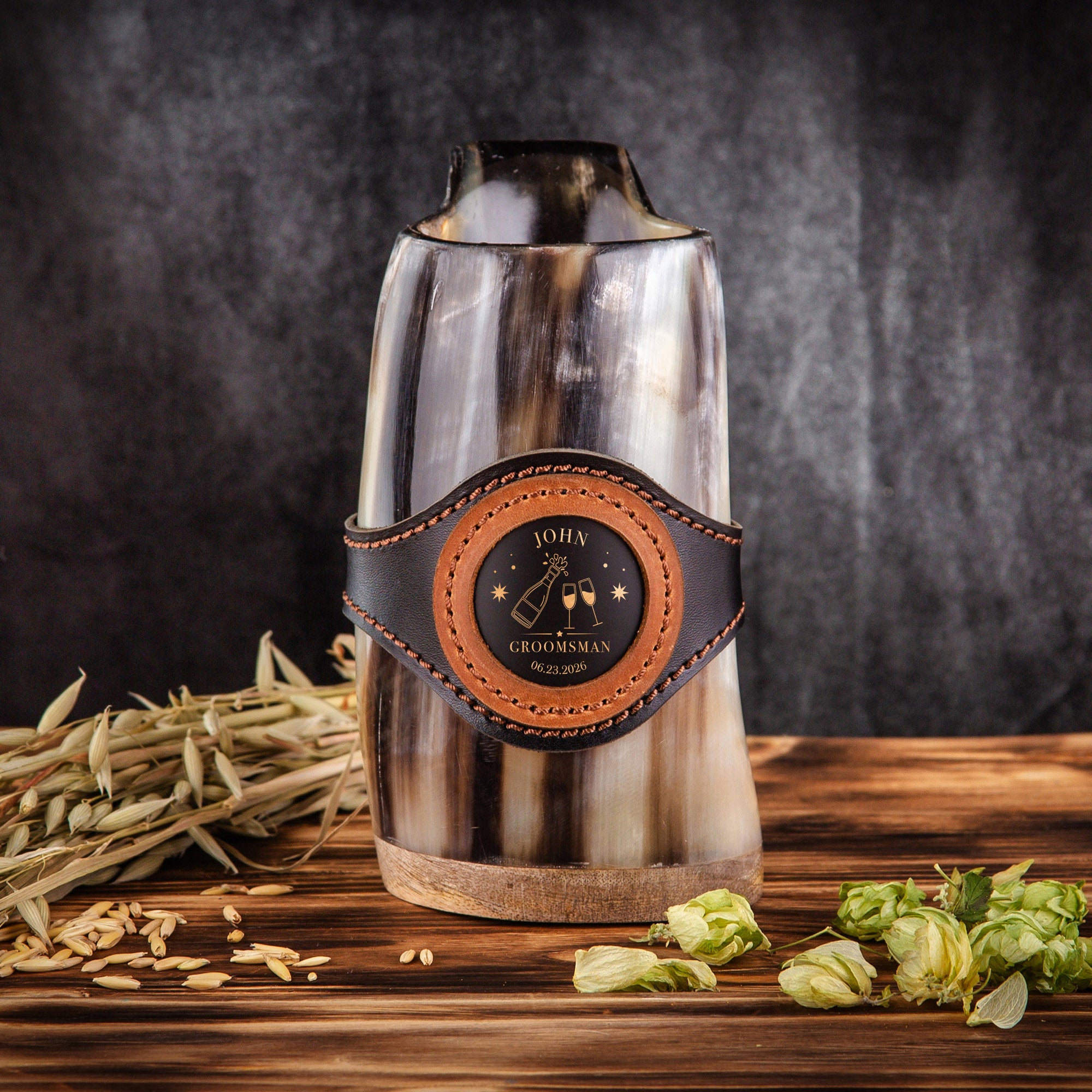 Custom Groomsman Gift, Natural Horn Mug with Leather Band, Engraved Medallion