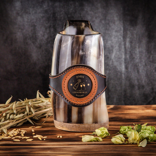Custom Groomsman Gift, Natural Horn Mug with Leather Band, Engraved Medallion