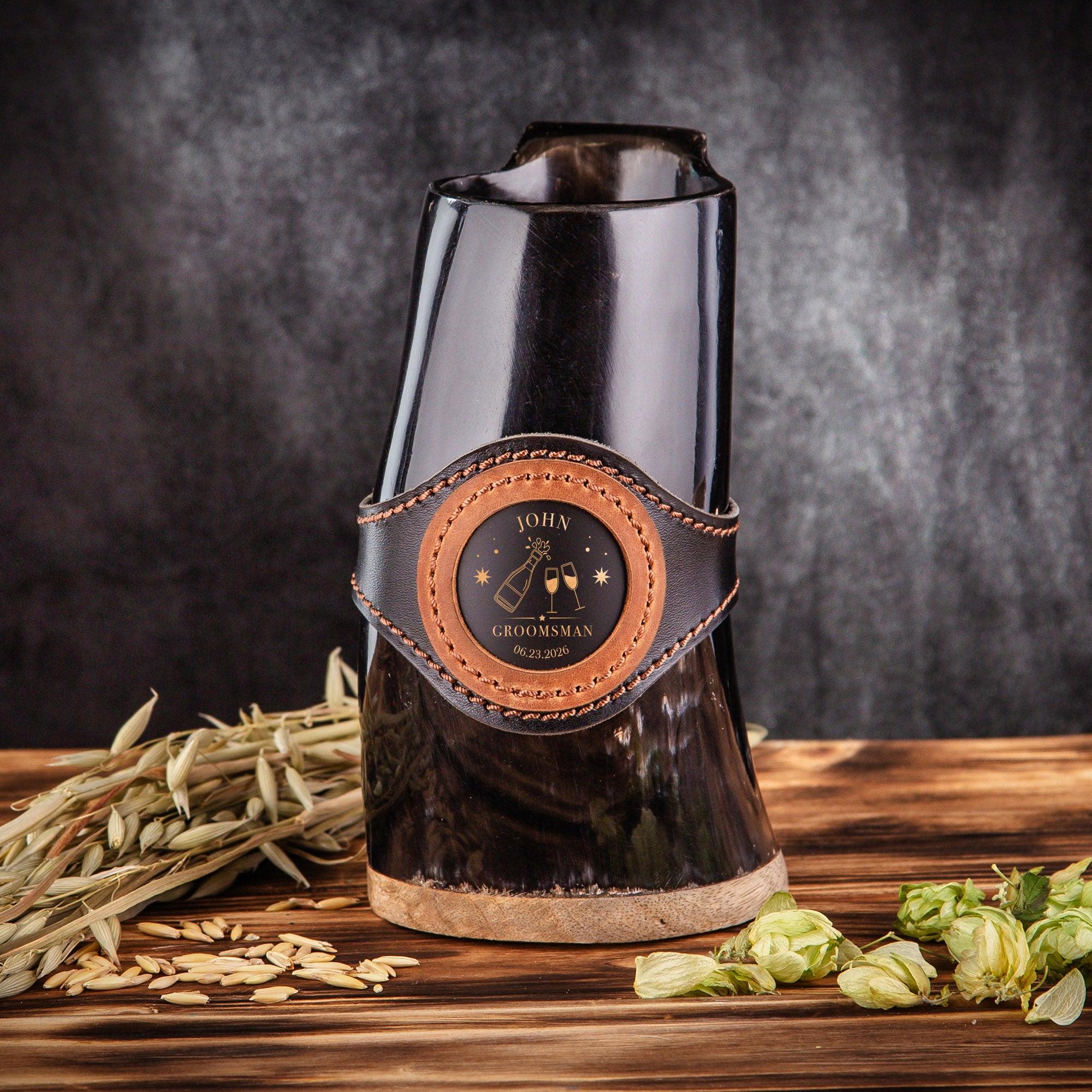 Custom Groomsman Gift, Natural Horn Mug with Leather Band, Engraved Medallion