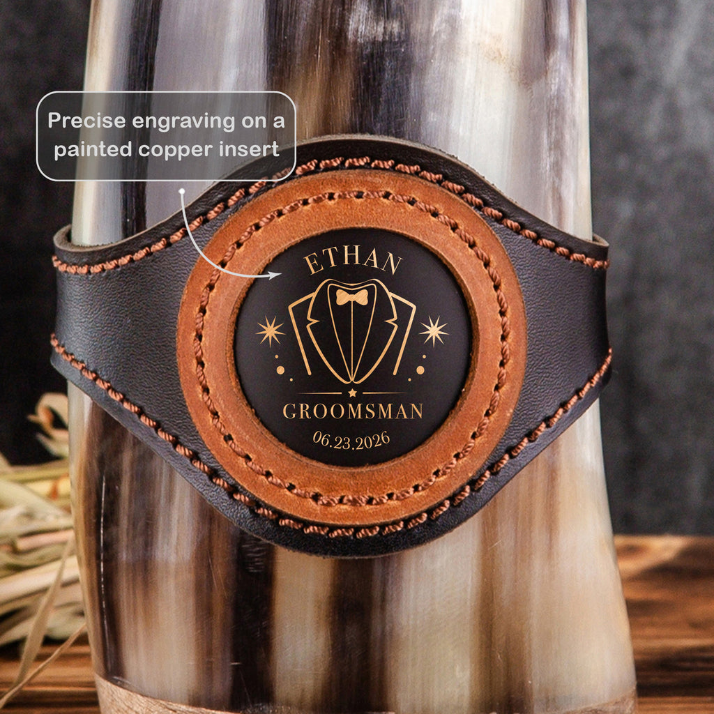 Custom Engraved Horn Beer Stein, Personalized Groomsmen Mug, Handmade Wedding Tankard