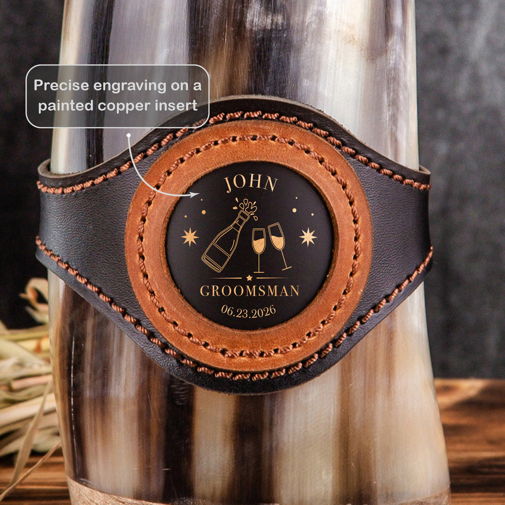 Custom Groomsman Gift, Natural Horn Mug with Leather Band, Engraved Medallion