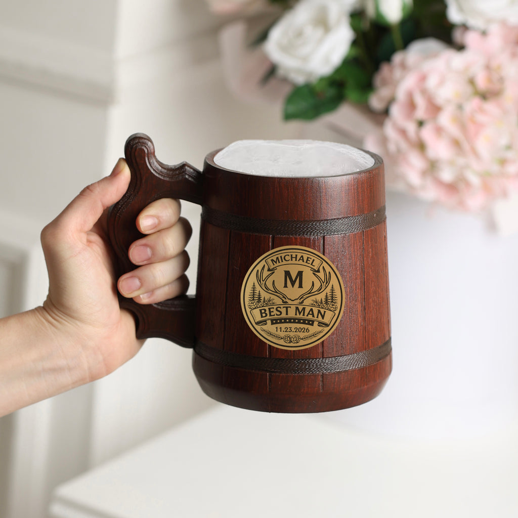Personalized Wooden Beer Mug 500ml, Groomsmen Gift, Wedding Party Tankard
