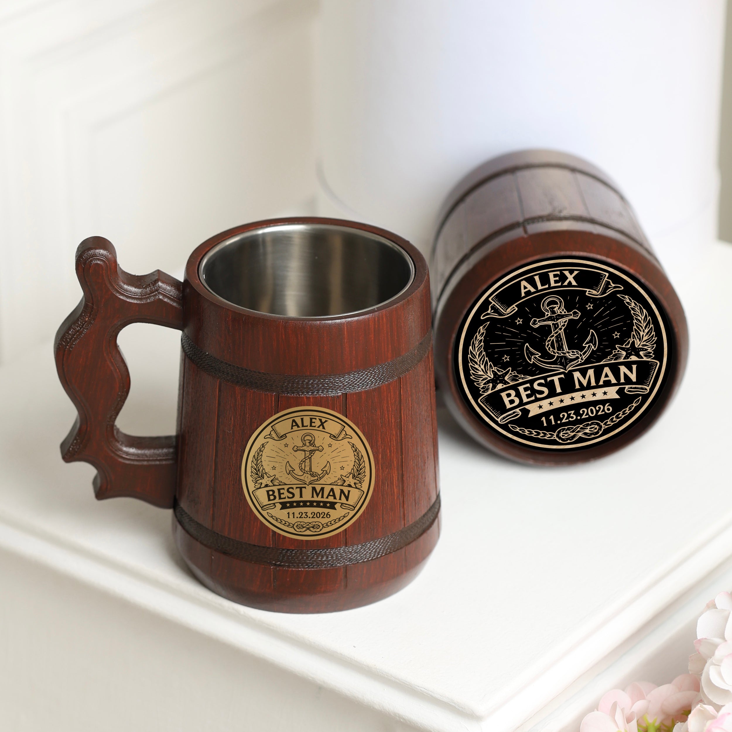 Personalized Wooden Beer Mug 500ml, Groomsmen Gift, Wedding Party Tankard