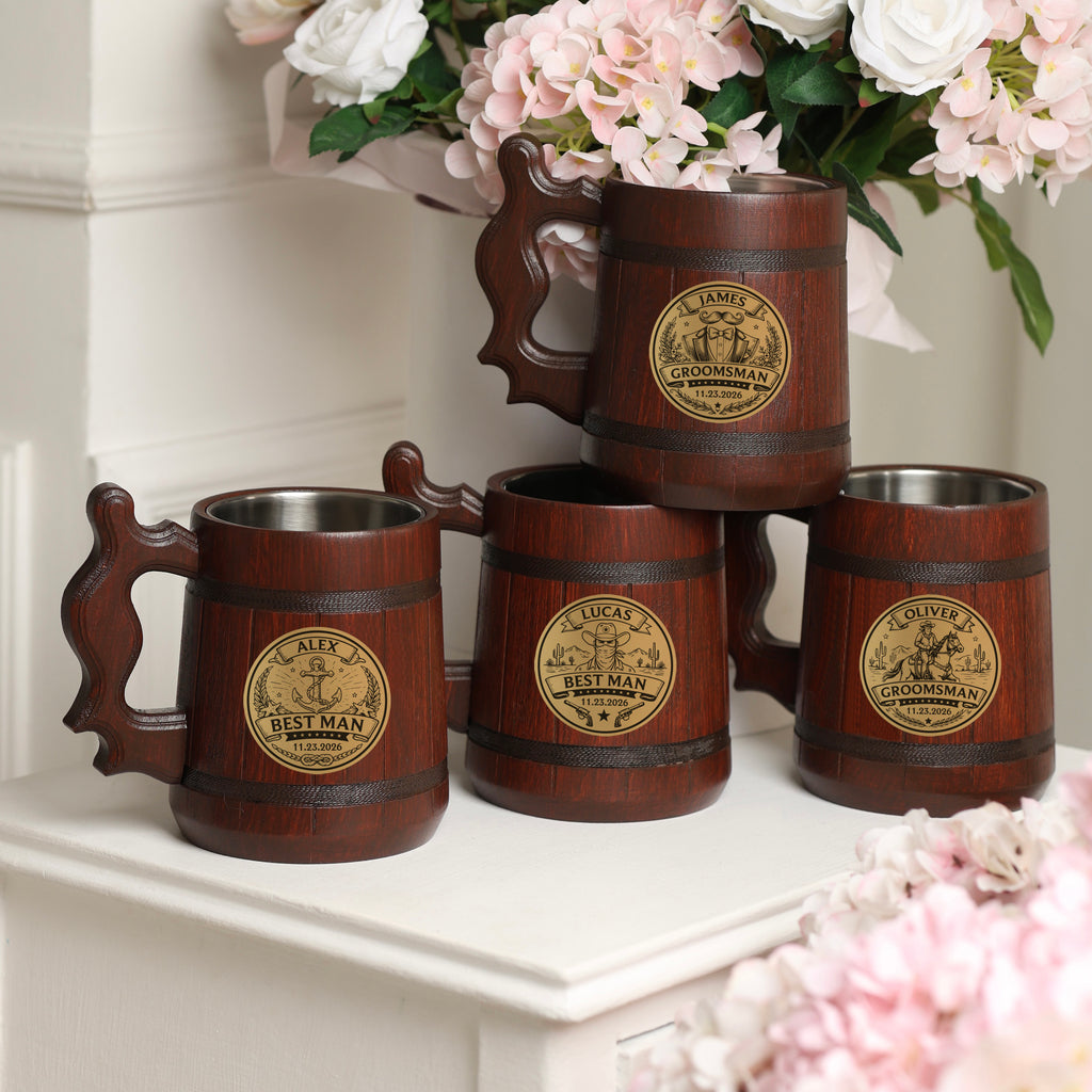Personalized Wooden Beer Mug 500ml, Groomsmen Gift, Wedding Party Tankard