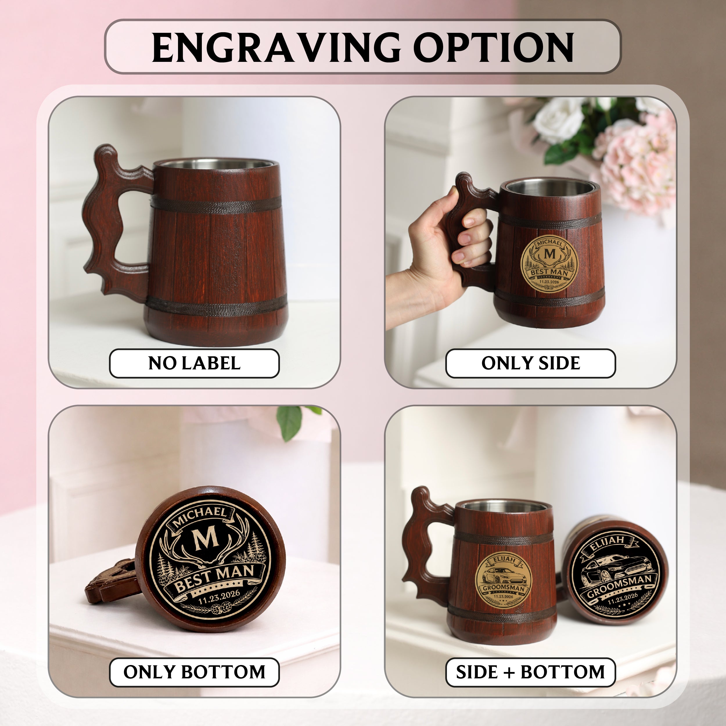 Personalized Wooden Beer Mug 500ml, Groomsmen Gift, Wedding Party Tankard