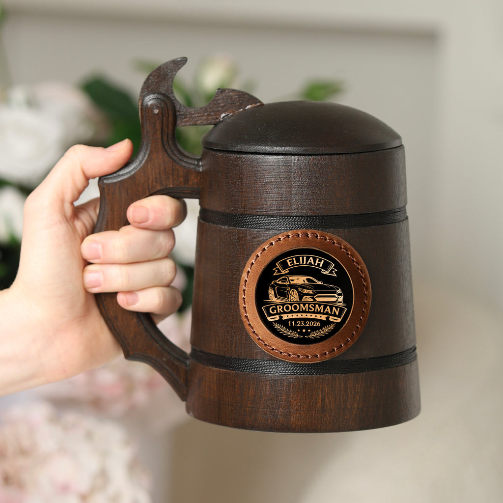 Personalized Oak Beer Mug with Lid, Custom Groomsman Gift, Wooden Tankard 500ml